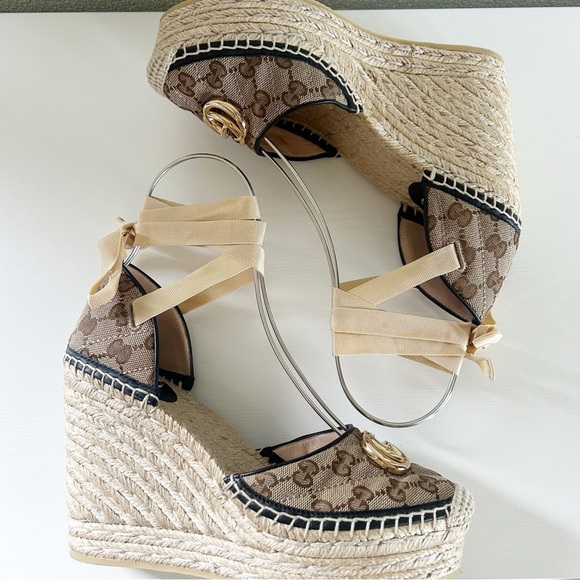 Gucci Marmont GG Matelasse Beige Platform Espadrille Wedges Sandals Size EU 39.5 - Picture 7 of 13